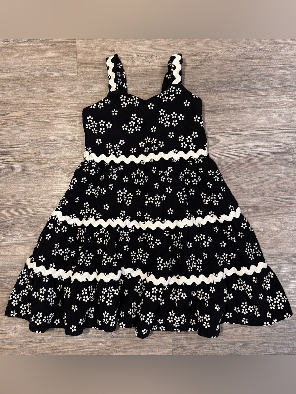 Bonnie Jean Girls Black & White Floral Ric Rac Bow Tiered Dress Size 6
